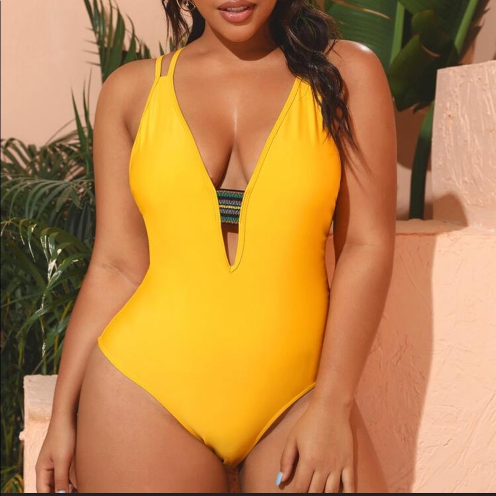 Plus Criss Cross Plunging One Piece Swimsuit